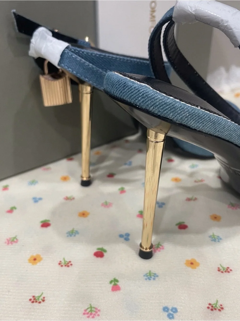 Tom Ford Denim Blue Pointed-Toe Ankle-Strap Heels with Gold Accents